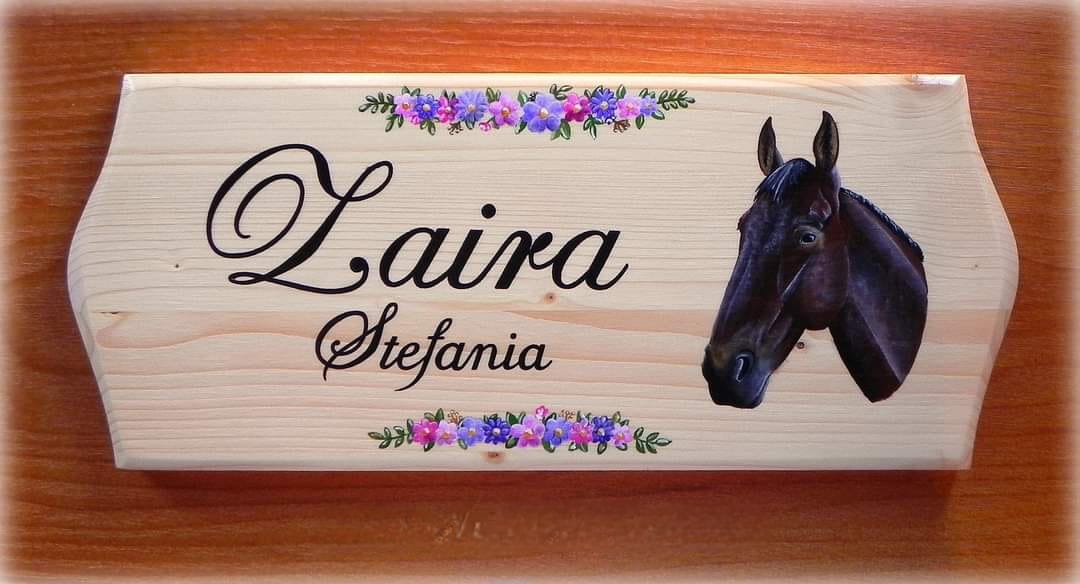 Targa personalizzata in legno per box, con nome, ritratto e cornice floreale,dipinta a mano